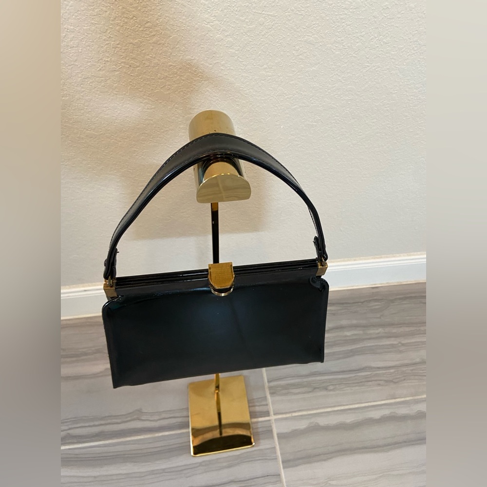 Vintage Bobby Jerome Black Vinyl Satchel Top Handle Purse Gold Hinge Clasp - Picture 2 of 14